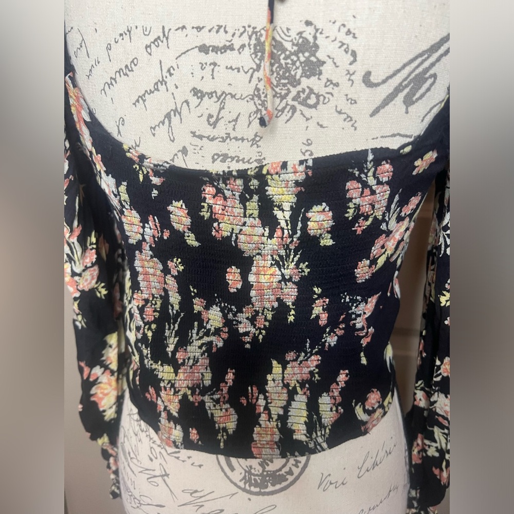 Free People Hilary Floral Print Long Puffed Sleeve Tie Back Blouse - Picture 9 of 11
